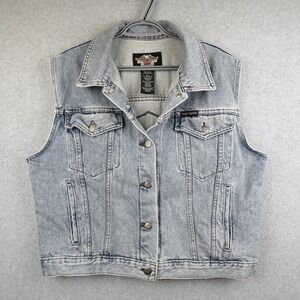 Harley Davidson Denim Vest Womens XL Blue Buttoned Light Wash Biker